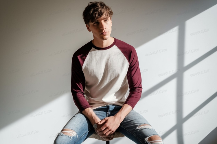Young man wearing raglan shirt and ripped jeans example image 1