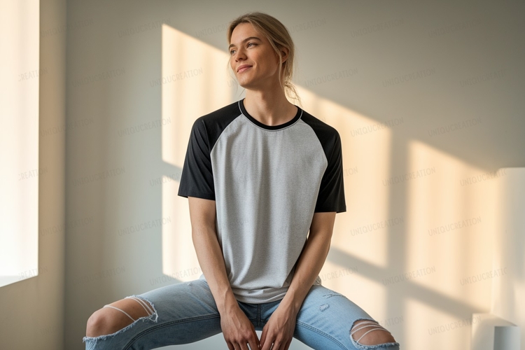 Young person wearing grey black raglan shirt image