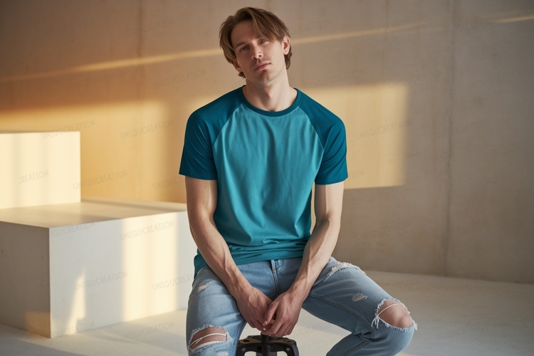 Young man wearing teal raglan t shirt ripped jeans example image 1