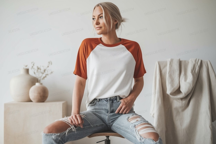 Woman wearing raglan shirt and ripped jeans example image 1