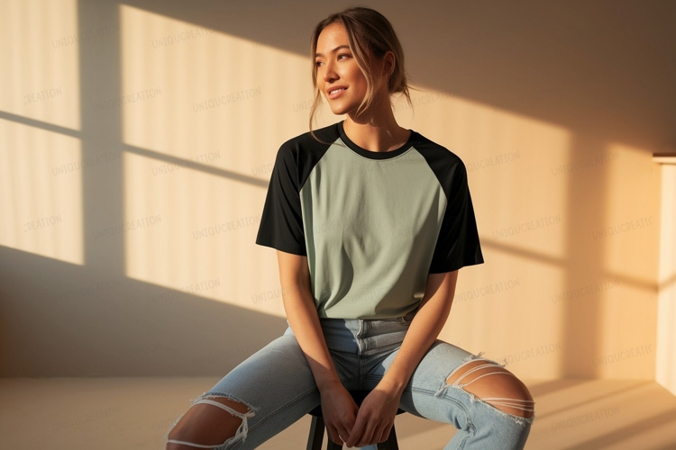 Woman wearing green black raglan shirt ripped jeans example image 1