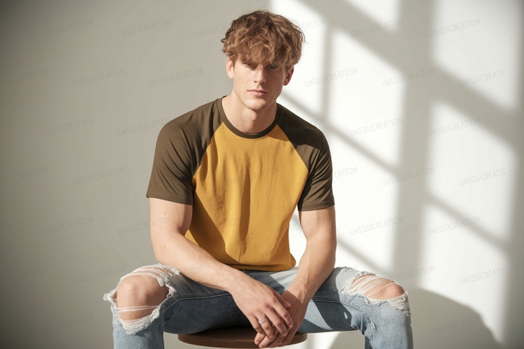 Young man wearing raglan shirt ripped jeans mustard example image 1