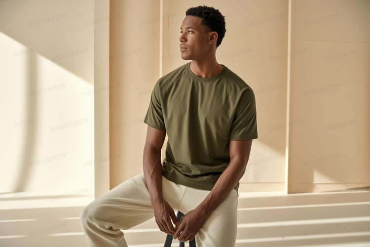 Man wearing olive green t shirt and cream pants image example image 1