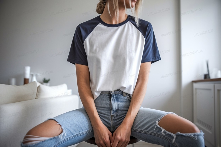 White blue raglan shirt ripped jeans image