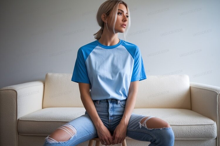Woman wearing blue shirt ripped jeans image