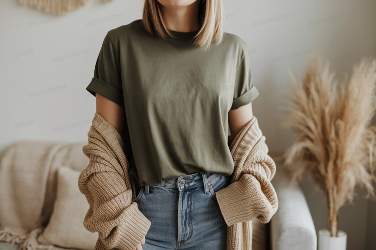 Olive green t shirt mockup with cardigan image
