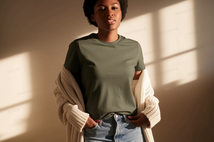 Woman wearing olive green t shirt and cream cardigan