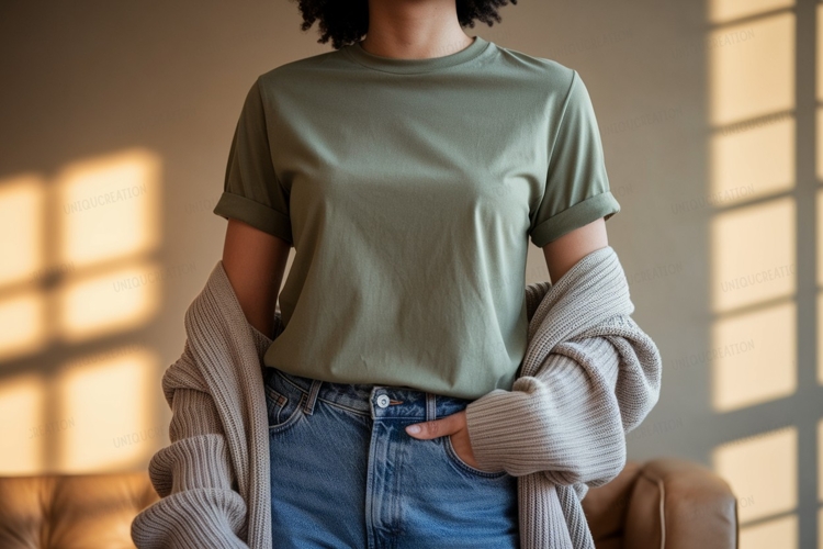 Olive green t shirt and denim jeans mockup image