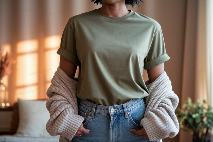 Olive green t shirt light blue jeans mockup