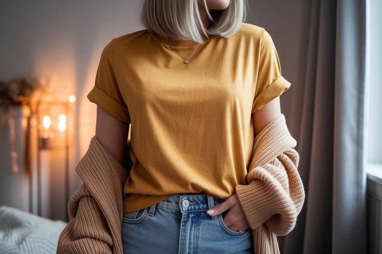 Mustard shirt denim jeans cardigan mockup