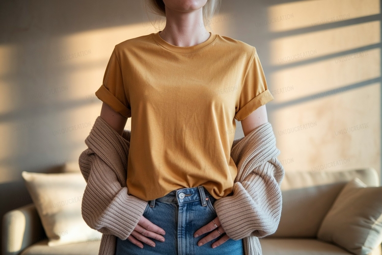 Woman wearing mustard t shirt and jeans image