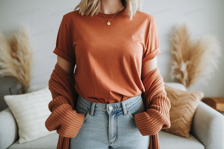 Terracotta shirt light denim jeans knit cardigan image