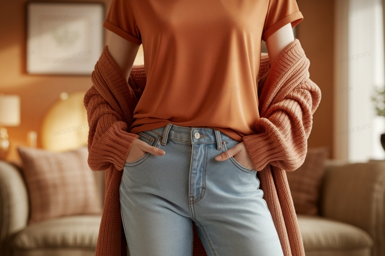 Orange shirt light jeans cozy cardigan denim