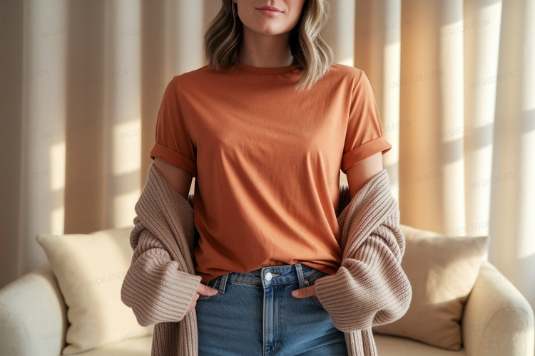 Orange t shirt blue jeans beige cardigan image