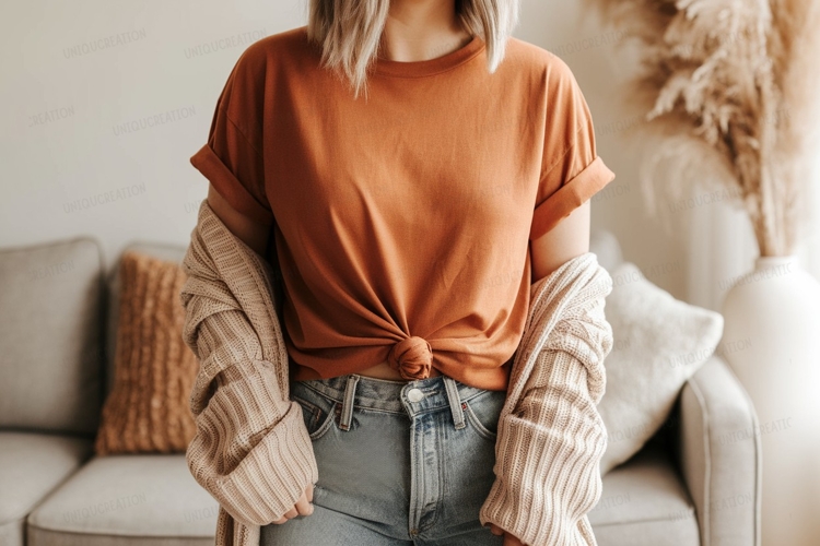 Woman wearing orange t shirt and cardigan image