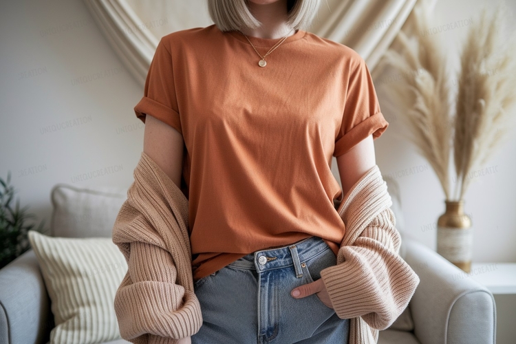 Terracotta tee light jeans cozy cardigan image
