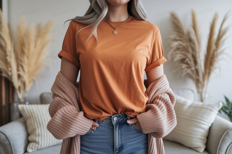 Orange tee with cardigan and jeans shirt clothing