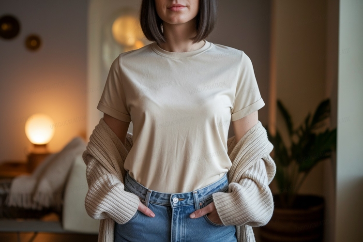 Woman wearing beige t shirt and blue jeans image