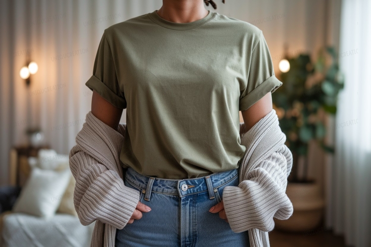 Olive green t shirt blue jeans cardigan image