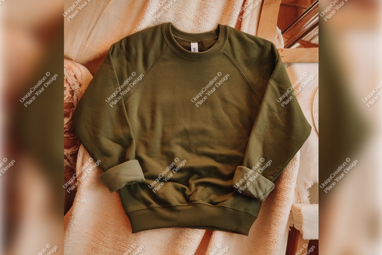 Olive Green Sweatshirt On Cozy Blanket Tshirt Mockup