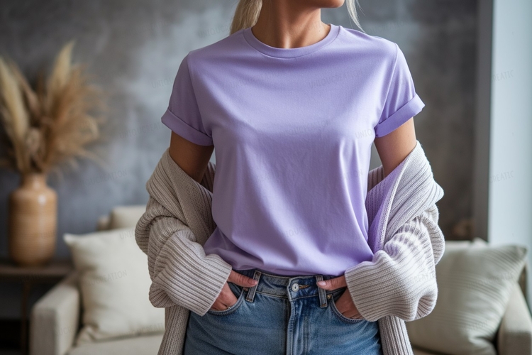 Woman wearing lavender t shirt and jeans image