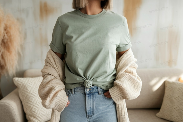 Sage green t shirt tied knot beige cardigan image