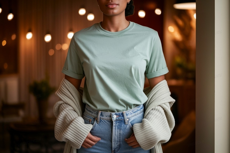 Woman wearing mint green t shirt and blue jeans image