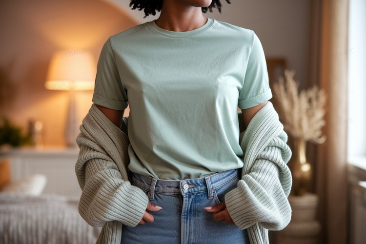 Woman wearing mint t shirt and denim jeans image