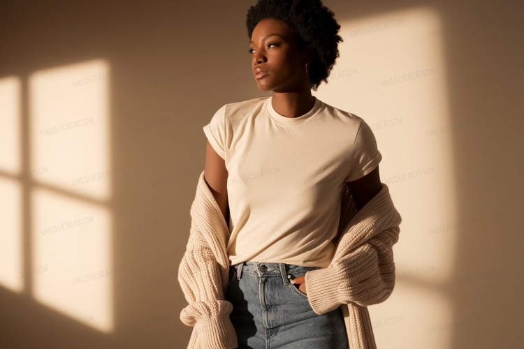 Woman wearing cream t shirt and cardigan image