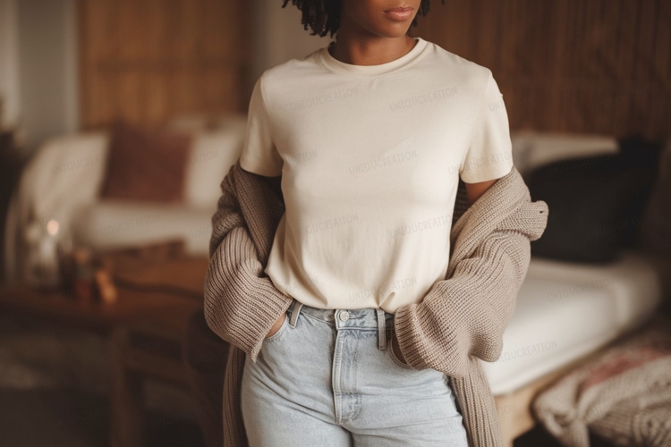Woman wearing cream t shirt light jeans and cardigan
