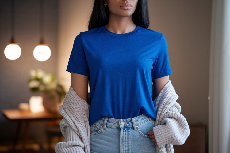 Woman wearing blue shirt and cardigan mockup