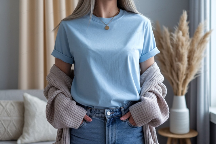 Light blue t shirt casual outfit jeans cardigan