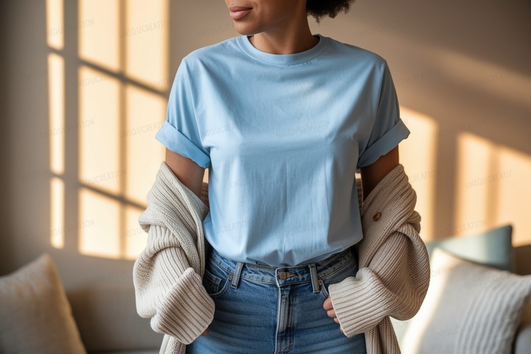 Light blue t shirt and cream cardigan image