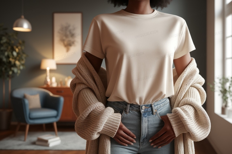 Cream T shirt blue jeans knit cardigan image