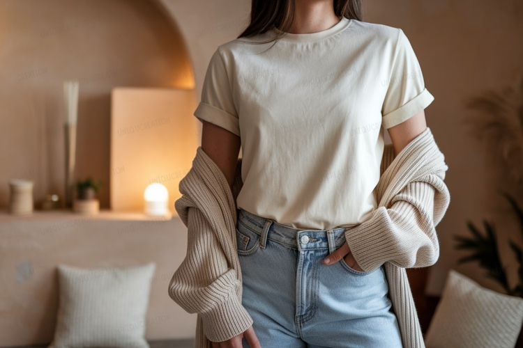 Cream shirt light jeans cardigan image