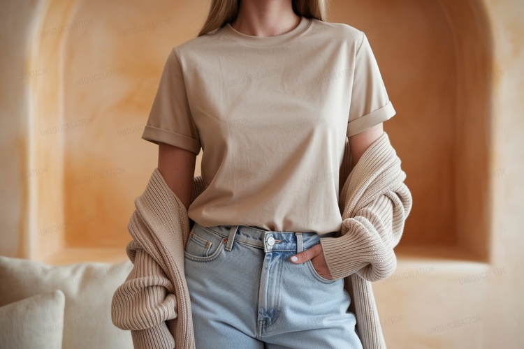 Beige t shirt light jeans cardigan mockup image
