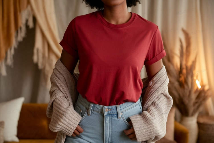 Woman wearing red t shirt and blue jeans