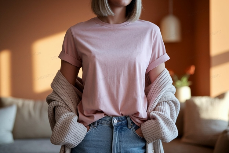Pink shirt blue jeans cardigan image