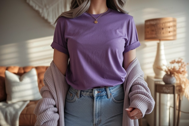 Purple tee light denim jeans cardigan
