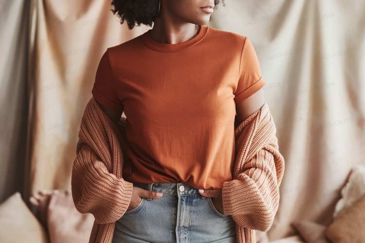 Woman wearing orange shirt and cardigan denim