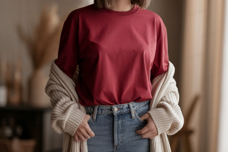 Crimson shirt denim jeans cardigan mockup apparel clothing