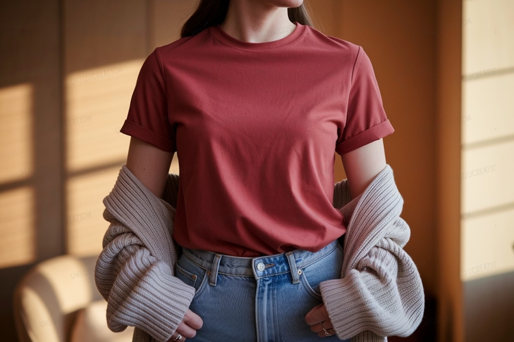 Woman wearing red t shirt and blue jeans image