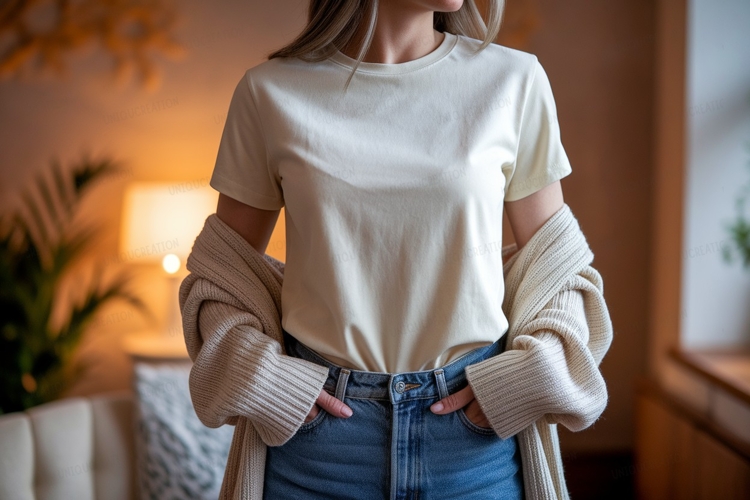 Cream shirt jeans cardigan mockup image