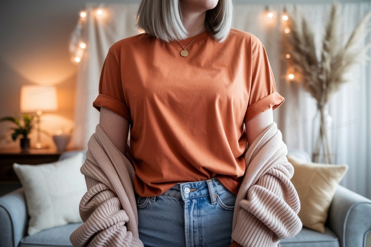 Orange shirt blue jeans cozy cardigan mockup example image 1