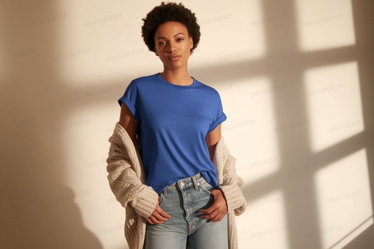 Blue shirt light jeans cardigan image