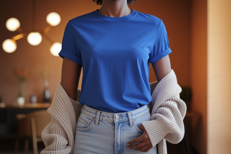 Woman wearing blue shirt and cardigan casual