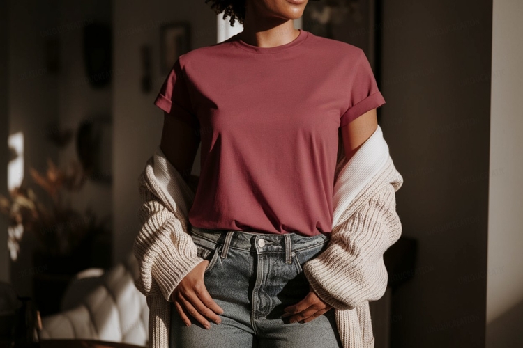 Woman wearing red shirt and cardigan blue