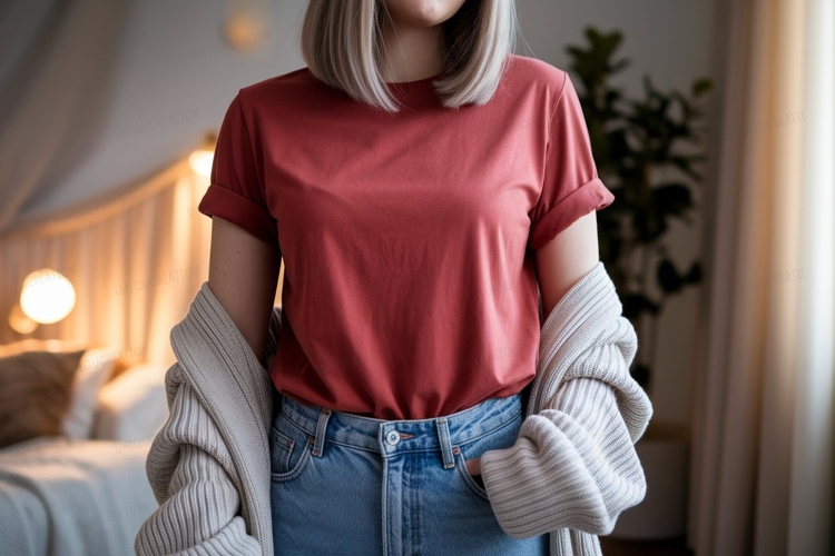 Woman wearing red shirt and blue jeans image