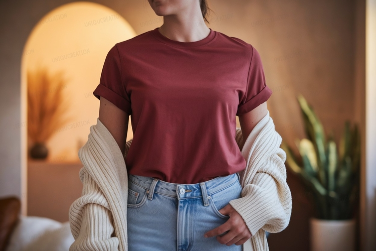 Maroon t shirt light jeans cream cardigan image