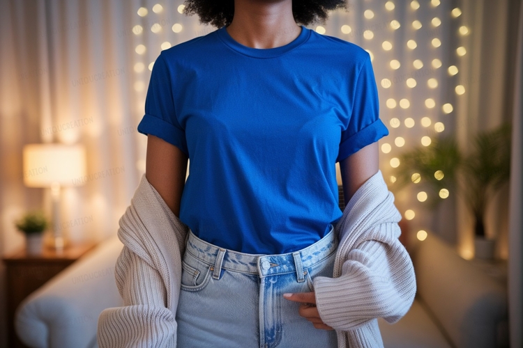 Blue shirt light jeans cozy cardigan image